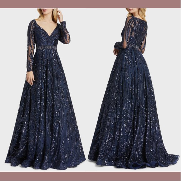 NWT $598 Mac Duggal [ 18 ] Damask Sequin Long‎ Sleeve Gown in Midnight Blue - Picture 1 of 16